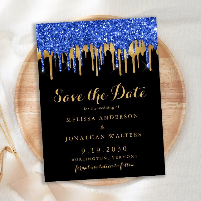 Elegant Blue Gold Glitter Drips Save The Date Postcard (Creator Uploaded)
