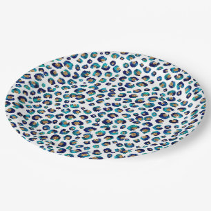 Elegant Blue Gold Glitter Leopard Animal Print Paper Plate