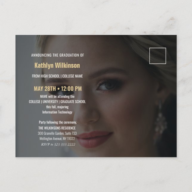 Elegant Blue Gold Glitter Script Photo Graduation Announcement Postcard (Back)