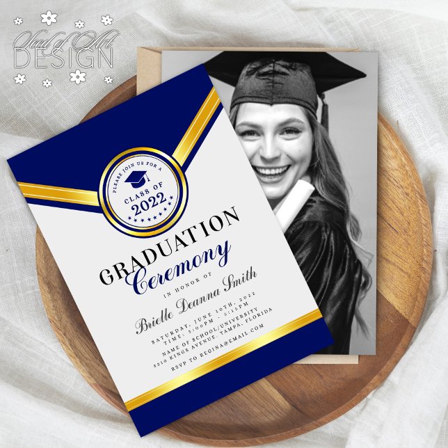 Elegant Blue Gold Graduation Ceremony Invitation (Creator Uploaded)