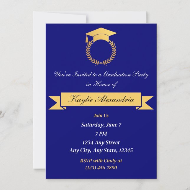 Elegant Blue & Gold Graduation Invitation (Front)
