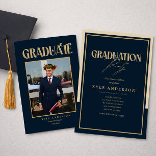 Elegant Blue Gold Graduation Party Photo   Invitation