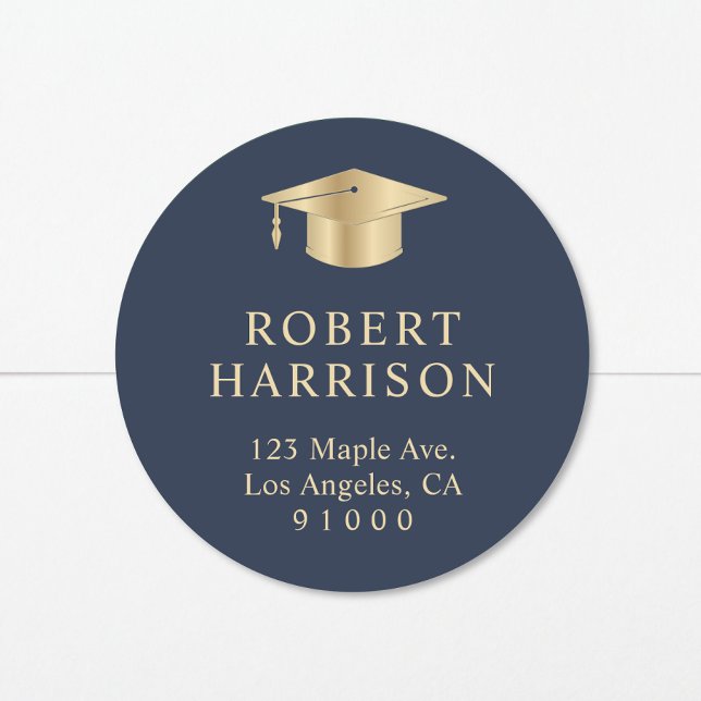 Elegant Blue Gold Graduation Return Address Classic Round Sticker (Creator Uploaded)