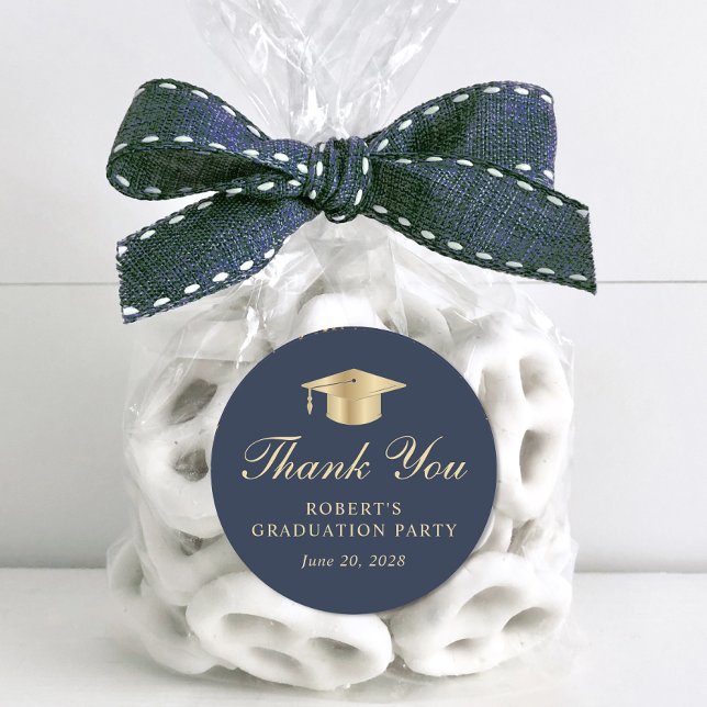 Elegant Blue Gold Graduation Thank You Classic Round Sticker (Creator Uploaded)
