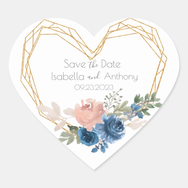 Elegant Blue Gold Heart Floral Names Date Wedding Heart Sticker (Front)
