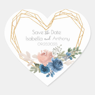 Elegant Blue Gold Heart Floral Names Date Wedding Sticker