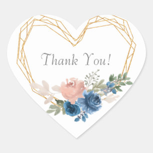 Elegant Blue Gold Heart Floral Names Thank You Sticker