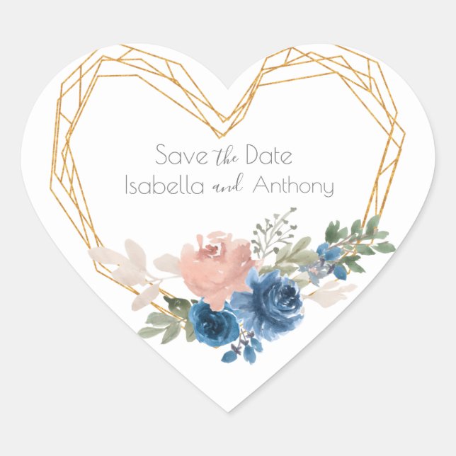 Elegant Blue Gold Heart Floral Names Wedding  Heart Sticker (Front)