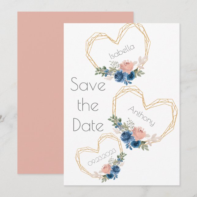Elegant Blue Gold Heart Floral Names Wedding Save Save The Date (Front/Back)