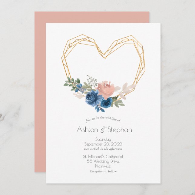 Elegant Blue Gold Heart Floral Wedding Invitation (Front/Back)