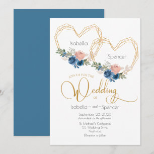 Elegant Blue Gold Heart Floral Wedding Invitation