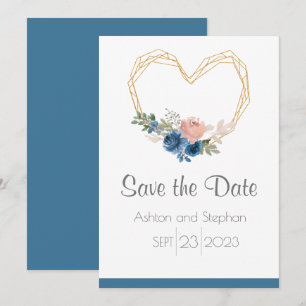 Elegant Blue Gold Heart Floral Wedding Save The Date