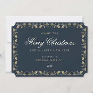 Elegant Blue Gold Holly Business Christmas Cards
