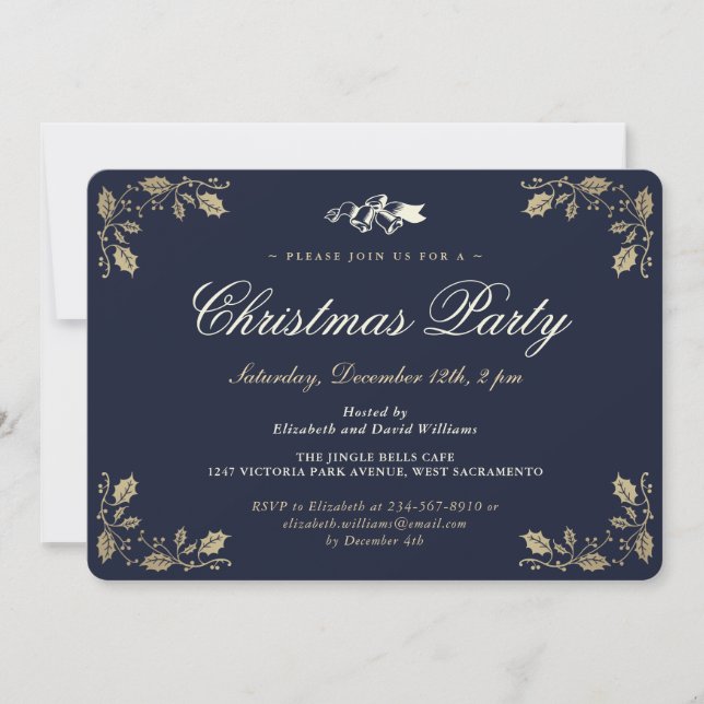 Elegant Blue Gold Holly Christmas Holiday Party Invitation (Front)