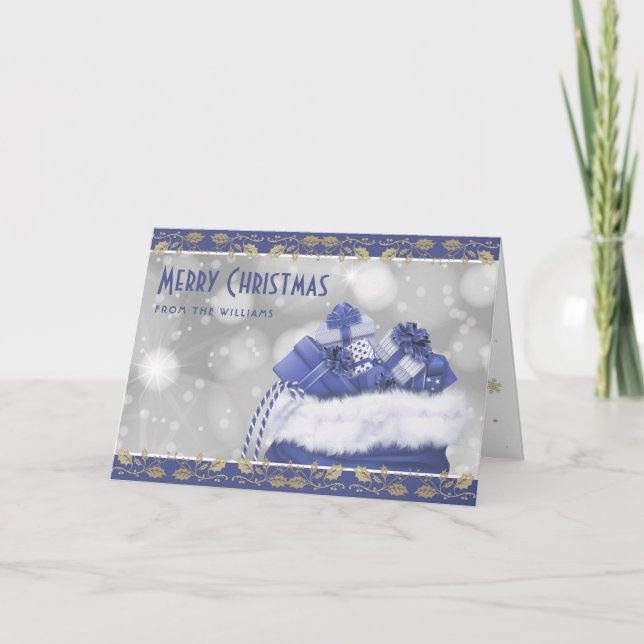 Elegant Blue Gold Holly Christmas Presents Holiday Card (Front)