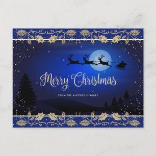 Elegant Blue Gold Holly Santa Merry Christmas Holiday Postcard