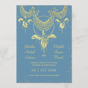 Elegant Blue Gold Iris Garland Wedding Invitation