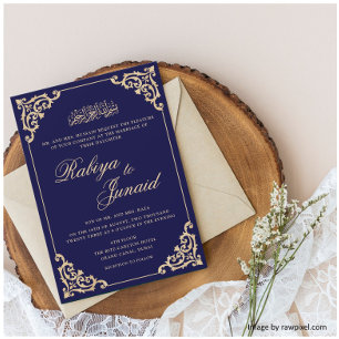 Elegant Blue Gold Islamic Muslim Wedding Invitation