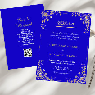 Elegant Blue Gold Islamic Muslim Wedding qr code Invitation