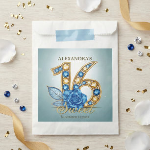 Elegant Blue Gold Jewel Crystal Rose Sweet 16 Favour Bags
