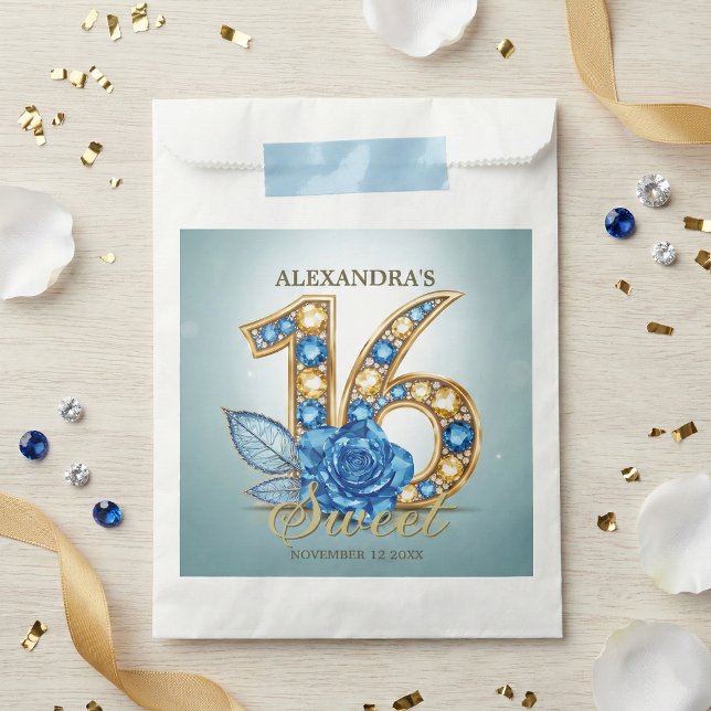 Elegant Blue Gold Jewel Crystal Rose Sweet 16 Favour Bags (Creator Uploaded)