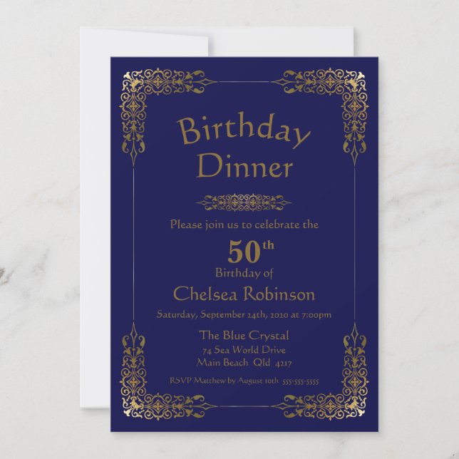 Elegant Blue Gold Lace 50th Birthday Dinner Invite (Front)