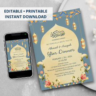 Elegant Blue Gold Lanterns & Floral Arch Iftar Invitation