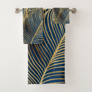 Elegant Blue Gold Leaf Design Bath Towel Set