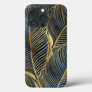 Elegant Blue Gold Leaf Design iPhone 13 Pro Case