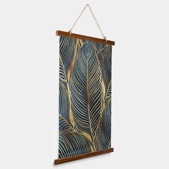 Elegant Blue Gold Leaf Design Hanging Tapestry (Angled)