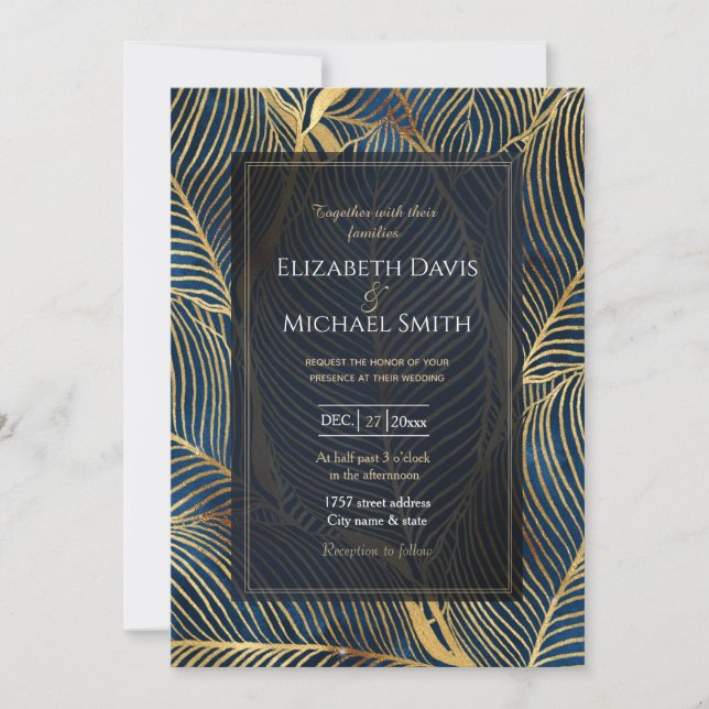 Elegant Blue Gold Leaf Design Invitation (Front)
