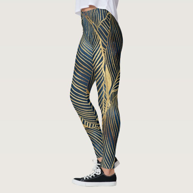 Elegant Blue Gold Leaf Design Leggings (Left)