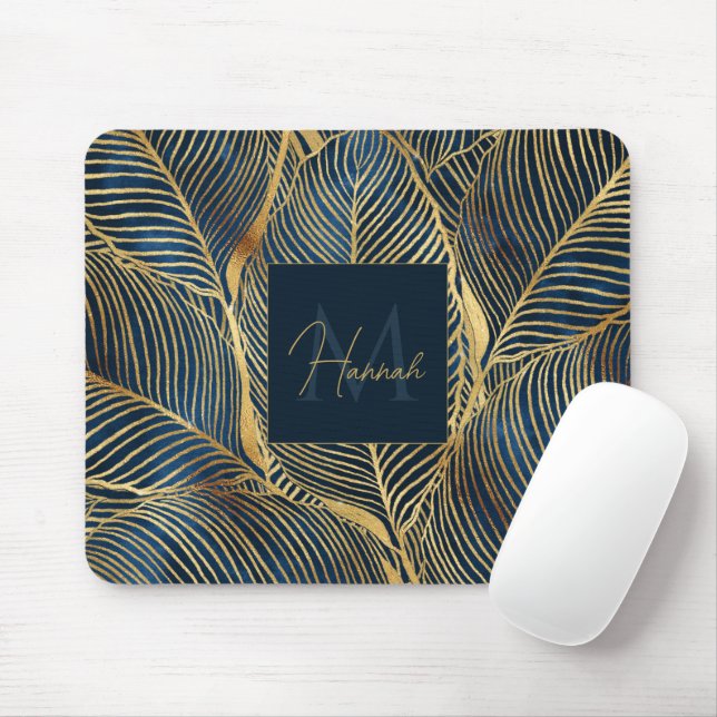 Elegant Blue Gold Leaf Design Mouse Mat (With Mouse)