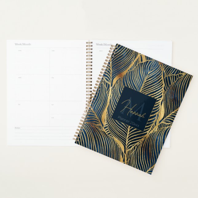 Elegant Blue Gold Leaf Design Planner (Display)
