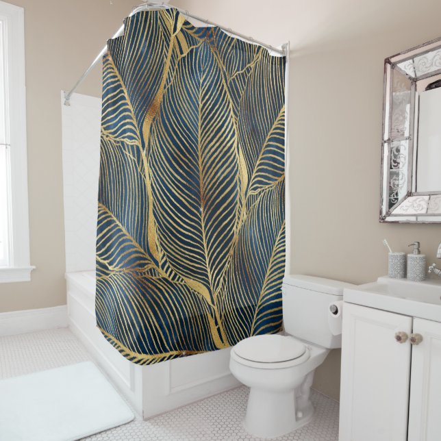 Elegant Blue Gold Leaf Design Shower Curtain (In Situ)