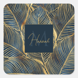 Elegant Blue Gold Leaf Design Square Sticker