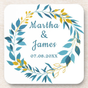Elegant Blue Gold Leaf Personalised Wedding  Coaster