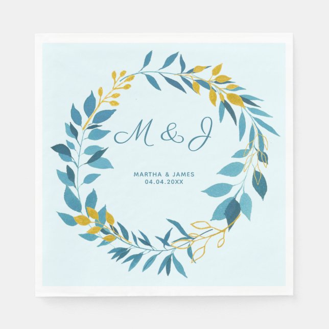 Elegant Blue Gold Leaf Personalised Wedding Napkin (Front)