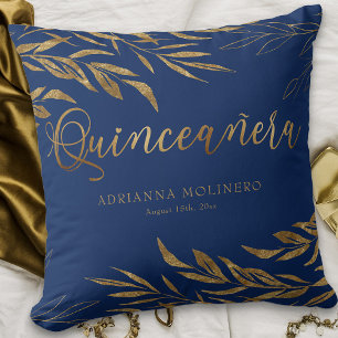 Elegant Blue Gold Leaf Personalized Quinceanera Cushion