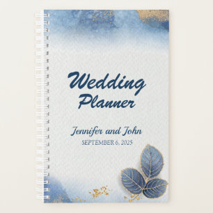 Elegant Blue Gold Leaves Botanical Wedding Planner