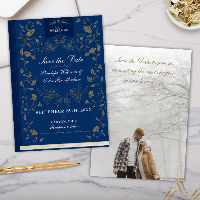 Elegant Blue Gold Library Wedding Save the Date Invitation (Elegant Blue and Gold Library Book Cover Floral Victorian Theme Wedding Save the Date Invitations)