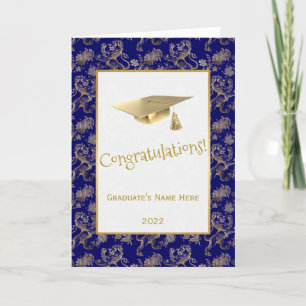 Elegant Blue Gold Lion Floral Graduation Card