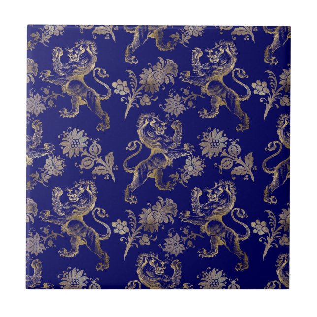 Elegant Blue Gold Lion Floral  Tile (Front)