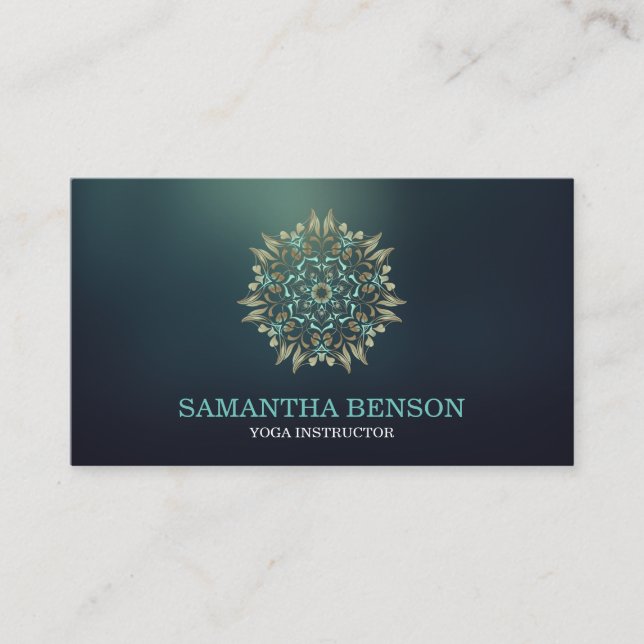 Elegant Blue & Gold Lotus Yoga Instructor Business Card (Front)