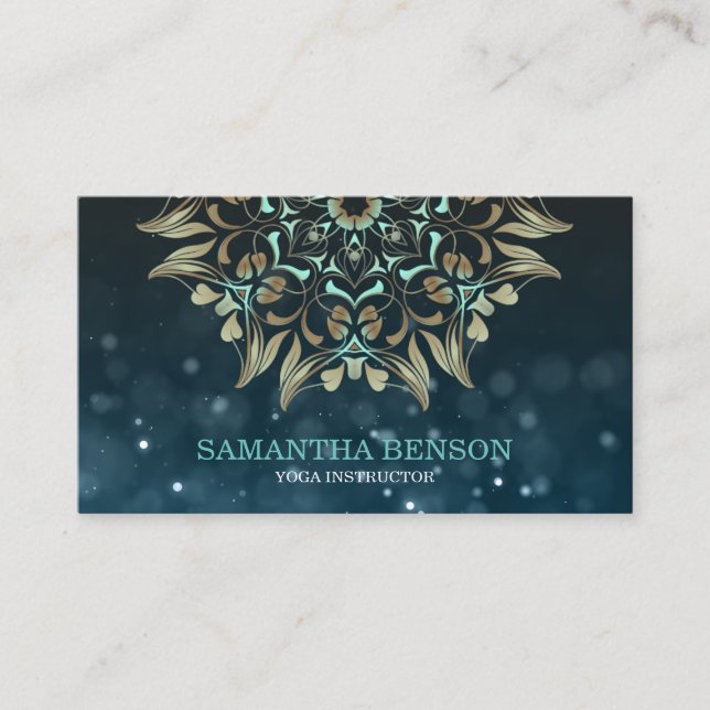 Elegant Blue & Gold Lotus Yoga Instructor Business Card (Front)