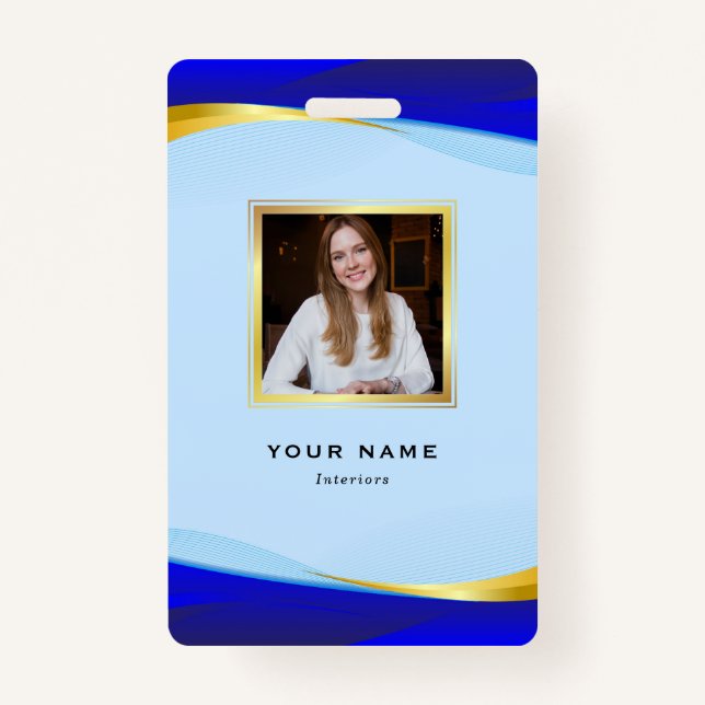 Elegant Blue Gold Luxury Designer Logo ID Badge (Front)