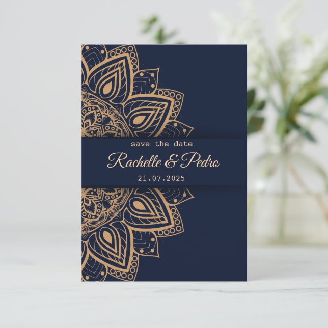 Elegant Blue Gold Luxury Wedding Save The Date (Standing Front)