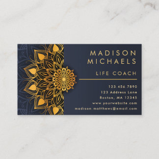 Elegant Blue Gold Mandala Life Coach Business Card