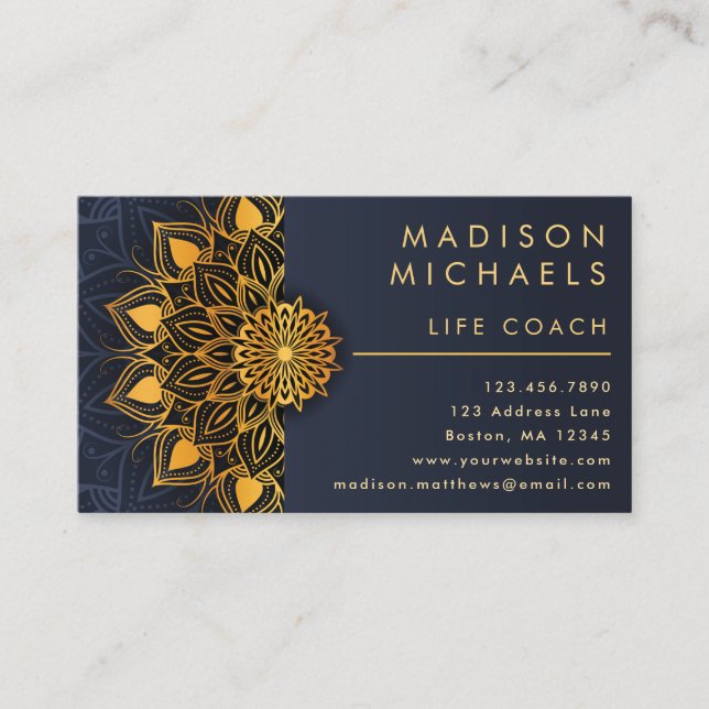 Elegant Blue Gold Mandala Life Coach  Business Card (Front)