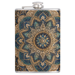 Elegant Blue & Gold Mandala Pattern Slim Water Bot Hip Flask